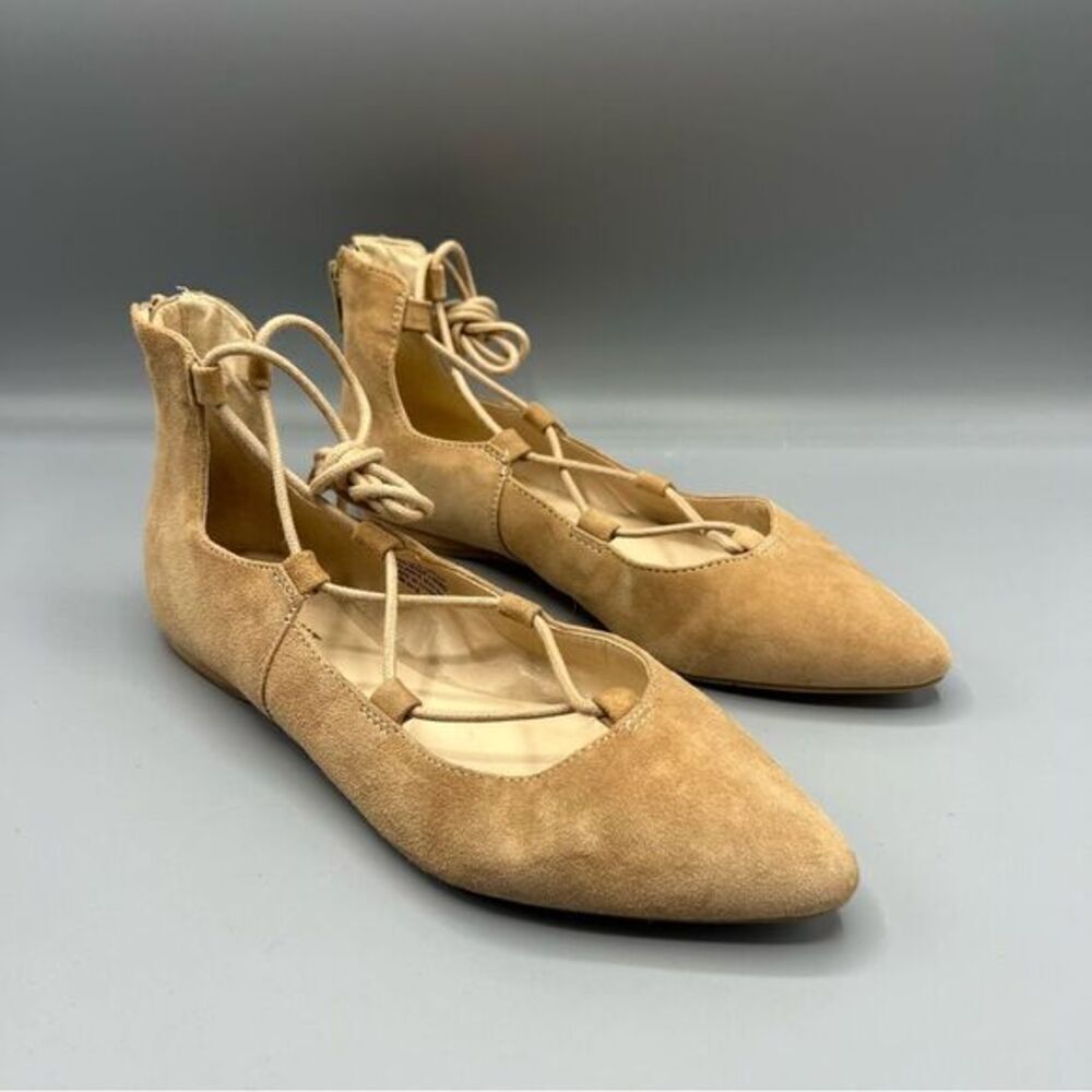 Nine West Shearluko Tan Suede Lace-Up Ballet Flats Pointed Toe Ankle Tie Shoes